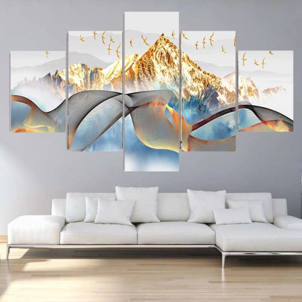 Elegant 5 Panels Abstract Landscape with Gold Accents