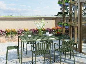 طاولات وكراسي خارجية مصنوعة من الحديد بتصميم عصري وبسيط – أنيقة ومتينة لأي مساحة