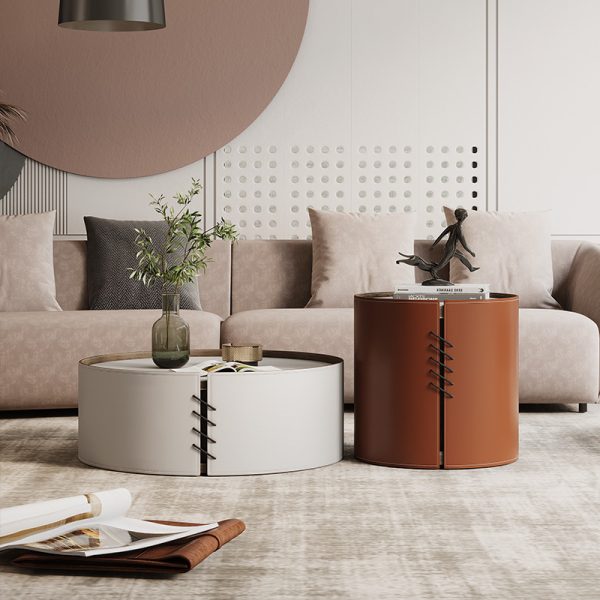 Saddle Leather Rock Plate Coffee Table – Elegant & Versatile Design