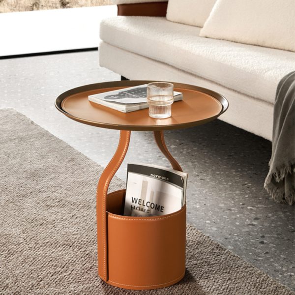 Italian Minimalist Saddle Leather Storage Bucket Table – Stylish and Functional