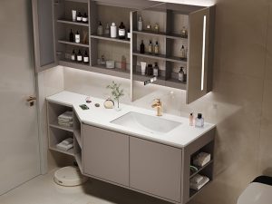 خزانة حمام باللون الكريمي - حل تخزين أنيق ومدمج