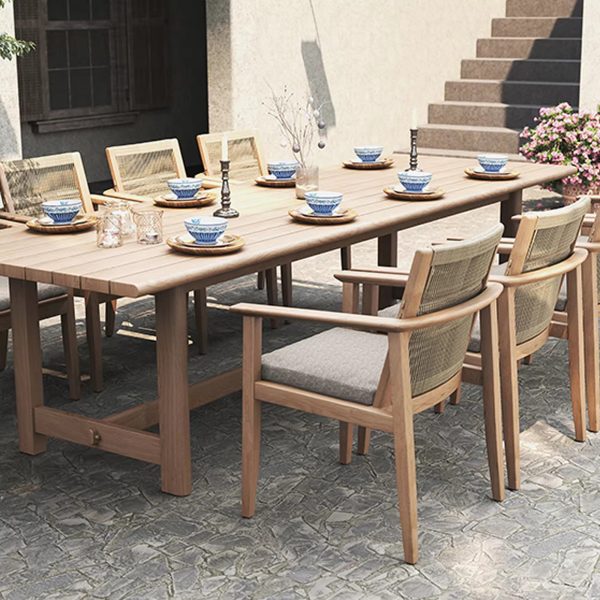 Outdoor Patio Dining Set – Natural Teak with 8 Rattan Chairs for Luxury Hotels