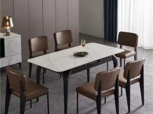 Italian Carrara Marble Stone Texture Live Edge Walnut Foldable Dining Table – Luxury and Functionality Combined