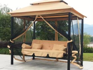 3-Seats Outdoor Patio Swing with Steel Frame and Double Roof Gazebo – Garden Daybed with Curtains