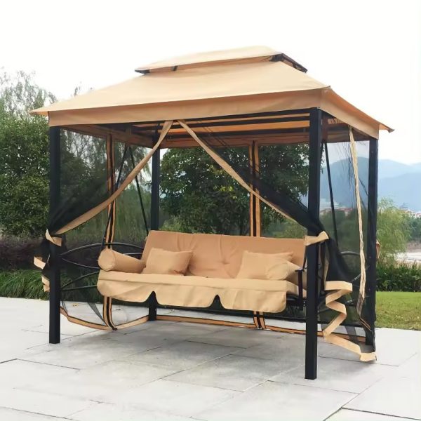 3-Seats Outdoor Patio Swing with Steel Frame and Double Roof Gazebo – Garden Daybed with Curtains