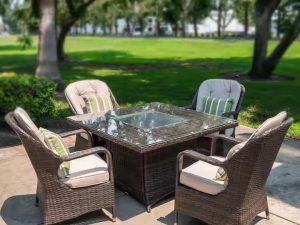 Five-Piece Outdoor Rattan Dining Set with Square Fire Gas Pit Table – Luxury and Comfort