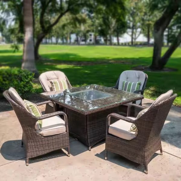 Five-Piece Outdoor Rattan Dining Set with Square Fire Gas Pit Table – Luxury and Comfort