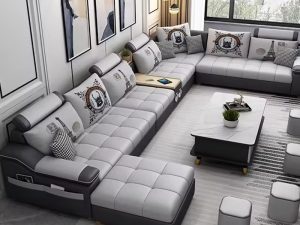 أريكة جلدية على شكل حرف U لغرفة المعيشة – المزيج المثالي بين الراحة والأناقة