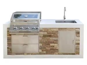 Customized Outdoor BBQ Kitchen with Natural Stone Veneer and Steel Island Grill Cabinets