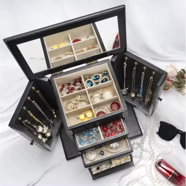 Black Display Organizer - 4 Layer VIP Craft Custom Wooden Jewelry Package Box with Mirror