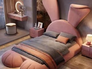 سرير فردي على شكل أرنب وردي - تصميم جديد لسرير الأميرة للأطفال لغرف نوم الأطفال