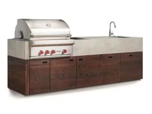 Modern Wood Grain BBQ Kitchen Island with Grill – Perfect for Luxury Outdoor Cooking