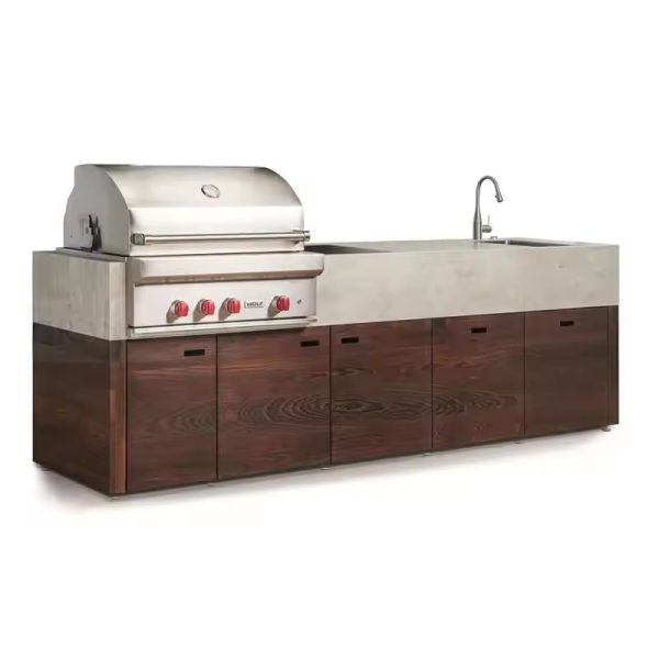 Modern Wood Grain BBQ Kitchen Island with Grill – Perfect for Luxury Outdoor Cooking