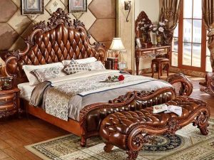 European Style Solid Wood Carved Leather Bed - Luxurious Master Bedroom Bed in 1.8m and 2m Sizes