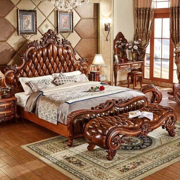 European Style Solid Wood Carved Leather Bed - Luxurious Master Bedroom Bed in 1.8m and 2m Sizes