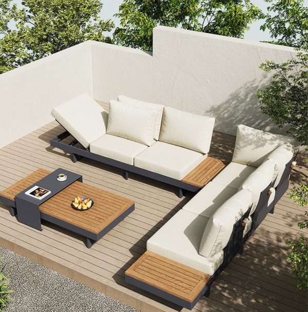 Outdoor Teak Villa Sofa and Solid Wood Coffee Table Set – Casual Elegance for Your Garden Courtyard