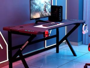 طاولة ألعاب على شكل حرف K – مكتب عصري من الخشب والمعدن قابل للتعديل مع إضاءة LED RGB