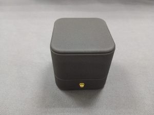 Rounded Corner Gold Buckle Ring Jewelry Package Box with Gray Leather