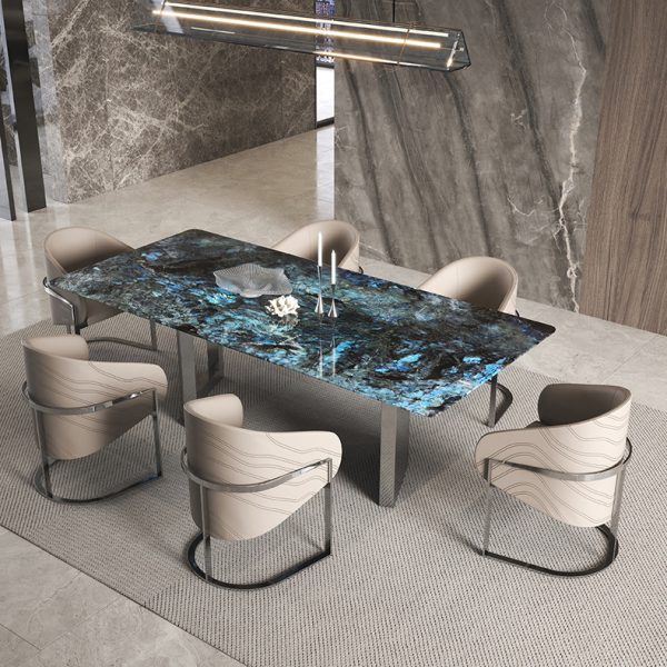 Italian Minimalist Blue Emerald Luxury Stone Rectangular Dining Table – Modern Elegance for Contemporary Homes